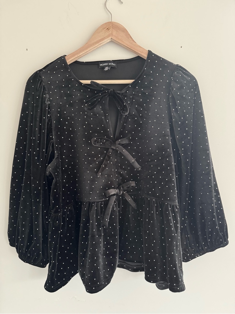 Modern Works Black Velvet Polka-Dot Tie-Front Peplum Blouse